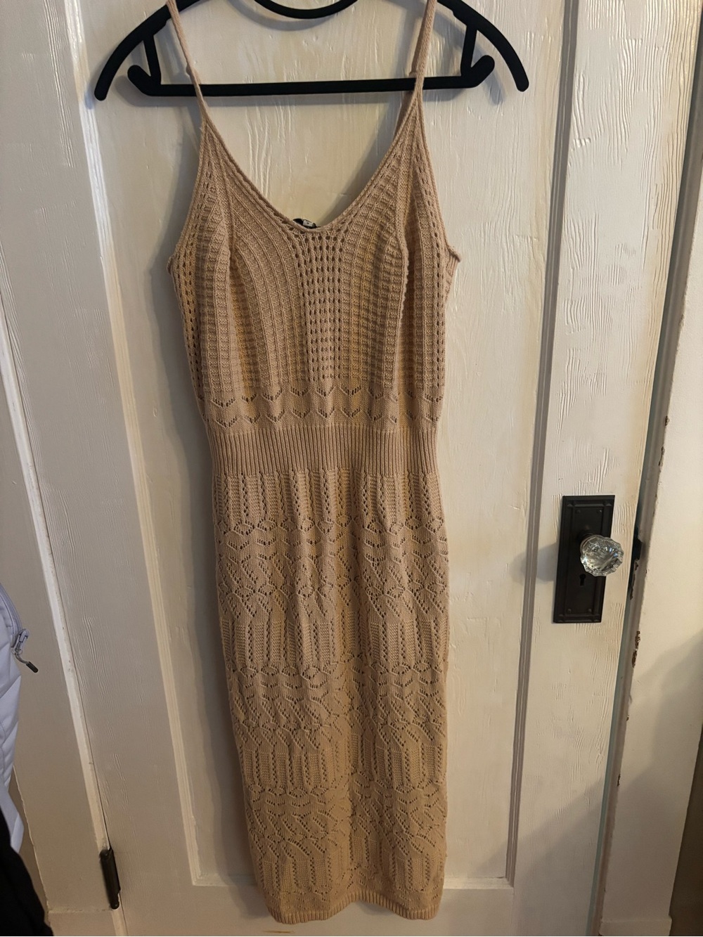 Freshman Beige Knit Midi Slip Dress with Spaghetti Straps